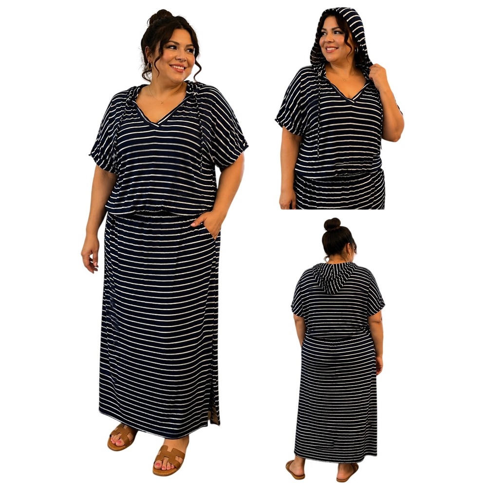 Soho New York & Company Navy Striped Hooded Maxi Dress XL Short Sleeve V-Neck